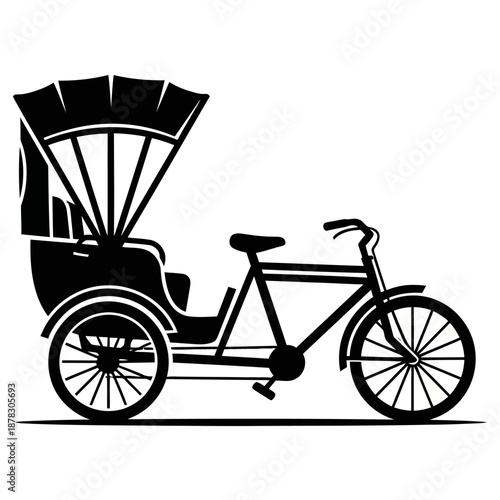 Minimal black and white silhouette icon of a traditional becak rickshaw, flat vector transportation symbol representing local culture on a clean white background.