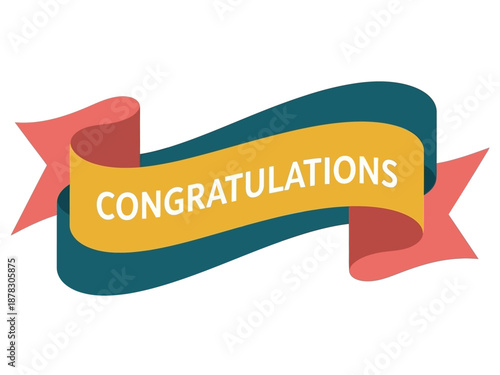 A congratulatory banner with a ribbon and a celebratory message displayed prominently in a graphic illustration from a straightforward viewpoint