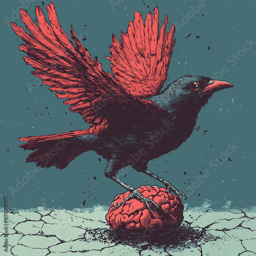 Conceptual illustration of brains on floating islands connected by bridges and balloons in the sky , vector style simple color