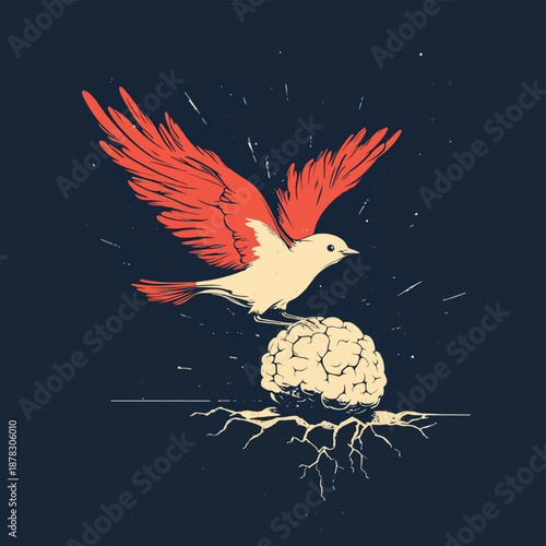 Conceptual illustration of brains on floating islands connected by bridges and balloons in the sky , vector style simple color