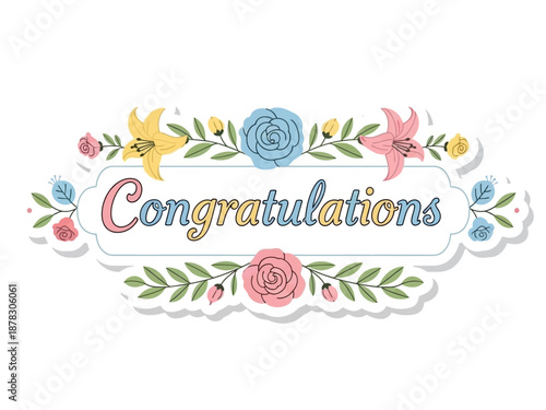 Celebratory graphic with flowers and birds surrounding Congratulations text in a decorative frame