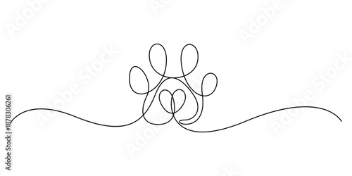 Single continuous line drawing of a dog or cat paw print with a heart in the center vector illustration