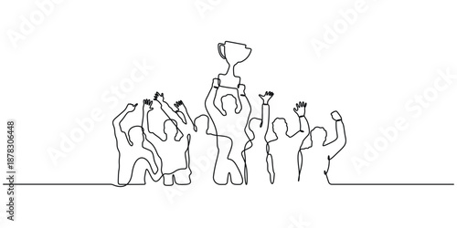 Single-line drawing illustrating a group of people celebrating a victory, achievement, or success. Team holding a trophy or award cup above their heads vector illustration