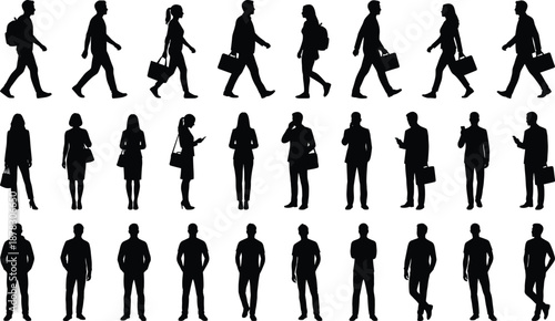 business people silhouettes set, walking and standing professionals, male female office workers, corporate workforce, isolated black vector figures