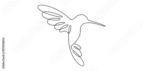 Minimalist, single continuous line drawing of a hummingbird in flight. vector illustration