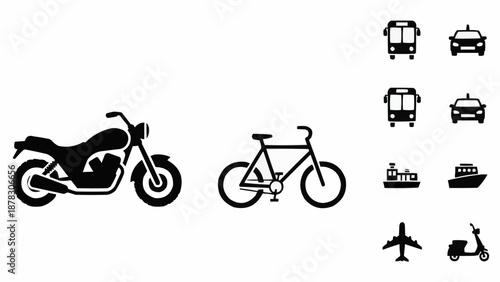 Collection of transportation icons and silhouettes.