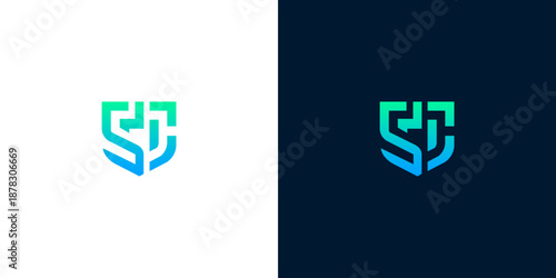 Abstract modern shield logo design featuring dynamic letterforms in a vibrant blue and green gradient, symbolizing digital protection, data security, and technological innovation