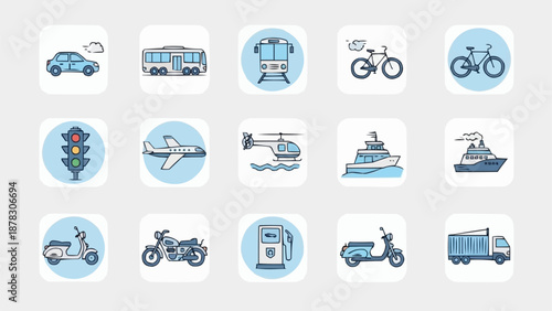 Collection of transportation icons in a grid layout.