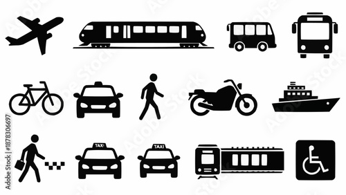 Collection of transportation icons in black silhouette.