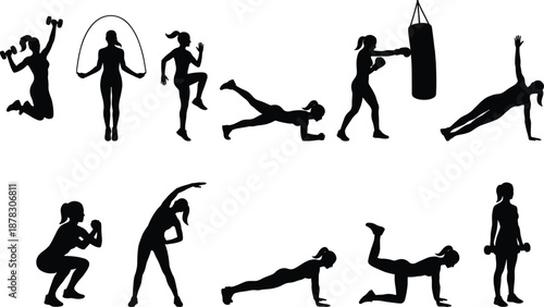 fitness women silhouettes set, workout exercise training poses, gym activities strength cardio concept, isolated black vector illustration