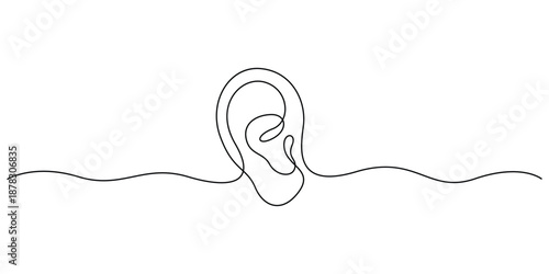 Minimalist continuous one-line drawing of a human ear. Concepts for hearing or listening. Vector illustration