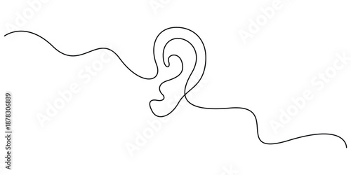 Continuous one-line drawing of a human ear, Single line art ear, Concepts related to hearing or sound recognition