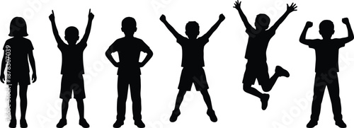 happy children silhouettes set, standing jumping celebrating kids poses, boys and girls, playful childhood concept, isolated black vector