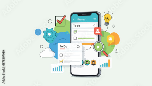 A smartphone displays a project management app