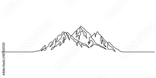 Minimalist, continuous one-line drawing of mountain, Single one-line art drawing of a mountain range vector illustration