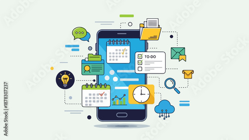 A smartphone surrounded by various productivity icons