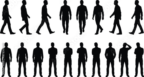 men silhouettes set, walking and standing male figures poses, casual lifestyle people collection, isolated black vector illustration design