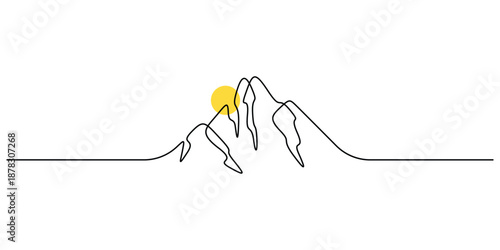 Minimalist illustration of a mountain range and sun continuous single line drawing style. Single line art mountain range and sun vector illustration