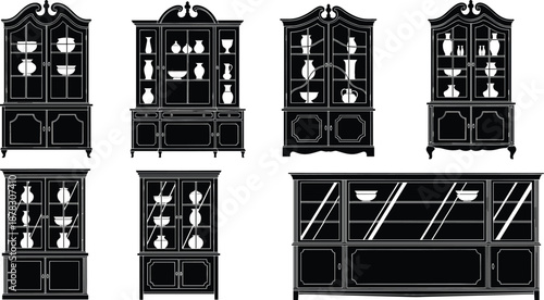 Set of vintage wooden cabinet icons and classic display hutch silhouettes with glass doors and pottery in black vector style