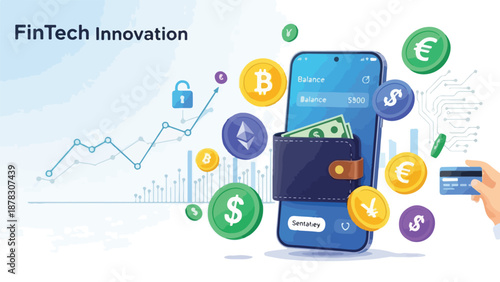 A smartphone with a wallet and various currencies