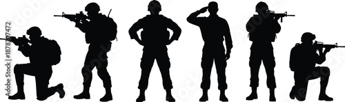 military soldier silhouettes set, armed army men poses, standing kneeling saluting troops, defense security concept, isolated black vector