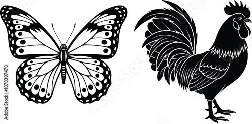 Set of butterfly and rooster silhouettes featuring detailed monarch wing patterns and farm poultry bird profile in black vector style