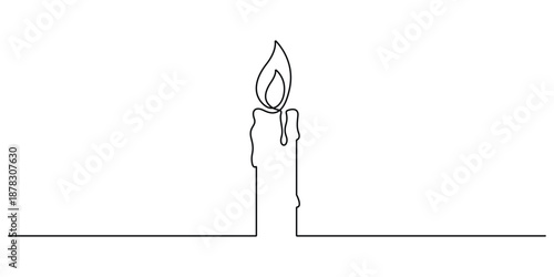 Minimalist, continuous one-line drawing of a burning candle vector illustration