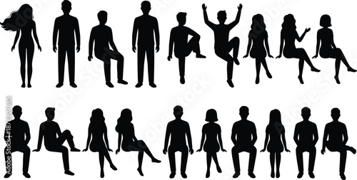 people silhouettes set, sitting standing and posing men women figures, casual human postures, isolated black vector collection