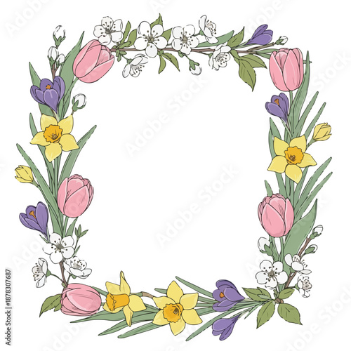 A square floral wreath with colorful spring flowers