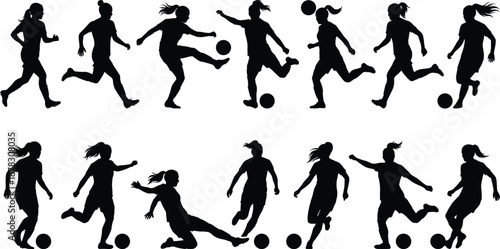 women soccer silhouettes set, female football players running kicking dribbling poses, sport action concept, isolated black vector illustration