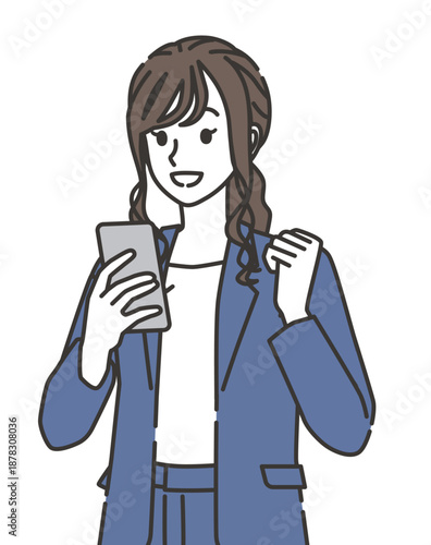 スマホを見て喜ぶオフィスカジュアルの女性のイラスト