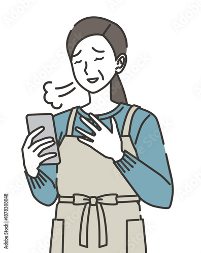 スマートフォンを見て安心する主婦のイラスト