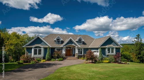 Real estate business market, house home building purchase sale. A house with blue siding and white trim situated in the middle of a lush green field. The house has windows, doors, and a roof.