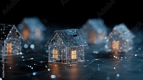 Real estate business market, house home building purchase sale. A digital house with a network of connected lines and dots, illuminated by lights, against a dark background.