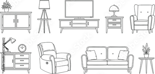 Vector set of modern furniture line art featuring sofas armchairs television stands lamps and decorative potted house plants