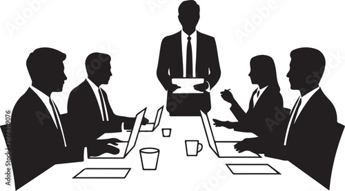 Five people in business meeting around table with laptops