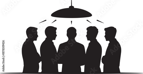 Five silhouetted people standing under a light fixture
