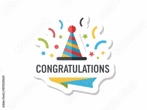 Celebration scene with party hat and confetti, congratulations message, festive atmosphere, vibrant colors, joyful environment