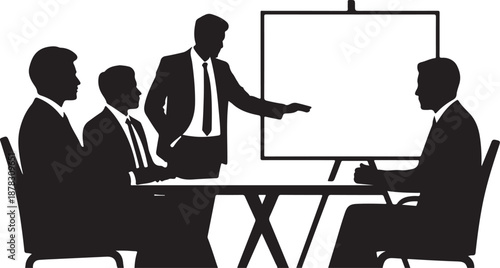 Four men in suits discussing around a table with a presentation screen