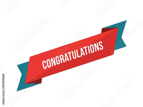 Red ribbon banner with congratulations message displayed prominently against a simple background