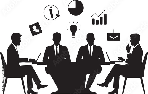 Four businessmen sitting around a table with floating above them