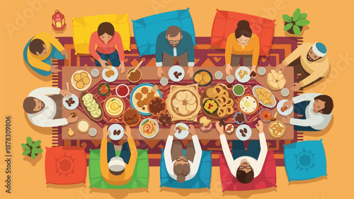 A top-down view of people gathered around a table laden with food