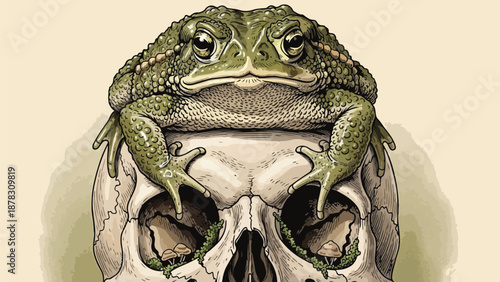 A toad sitting on a skull