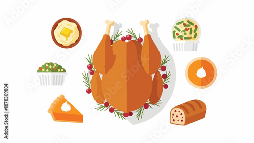 A traditional holiday meal with roasted turkey and sides