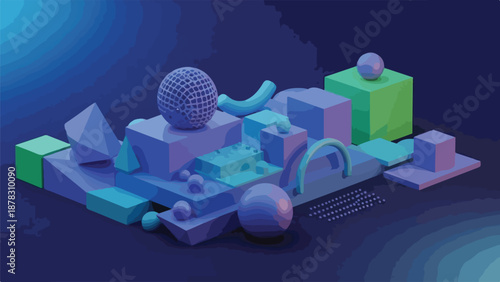 A vibrant 3D illustration of geometric shapes in various shades of blue and green