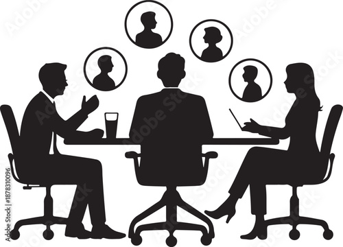 Four people sitting around a table with floating silhouettes above them
