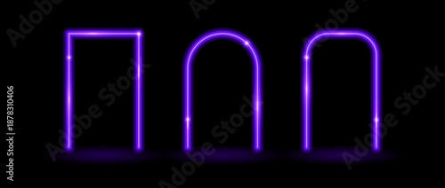 Glow neon rectangle and arch frames. Purple shining flare borders. Glowing portal doors concept. Futuristic rectangular and curved arc border. Vector illuminated elements for poster, banner, brochure