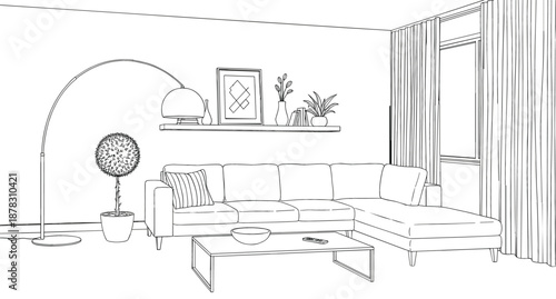 Modern minimalist living room interior line art illustration featuring a sectional sofa coffee table and arc floor lamp