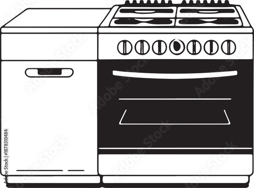 Black and white line of a kitchen stove with oven and dishwasher kitchen appliance