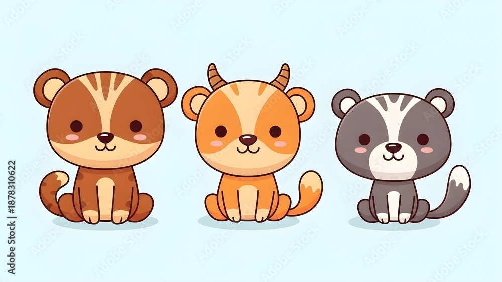 Obraz premium Set of three cute cartoon baby animals characters in kawaii style